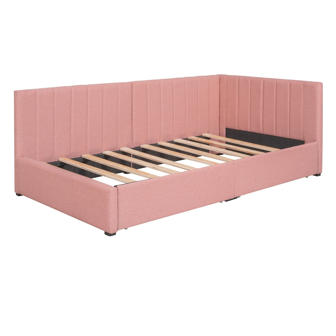 Upholstered Daybed with 2 Storage Drawers Twin Size Sofa Bed Frame No Box Spring Needed, Linen Fabric (Pink) Image 4