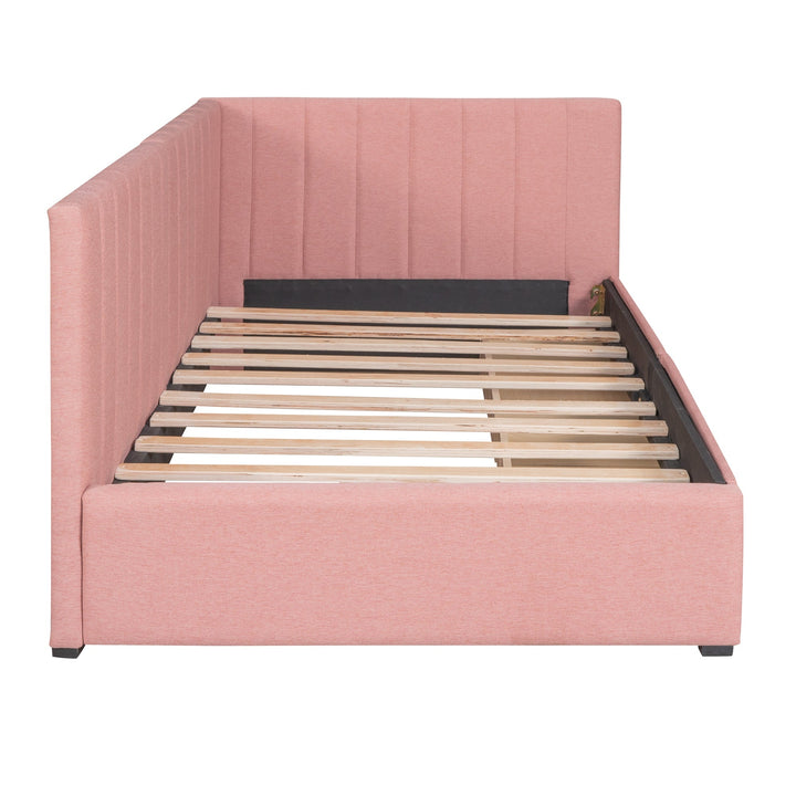 Upholstered Daybed with 2 Storage Drawers Twin Size Sofa Bed Frame No Box Spring Needed, Linen Fabric (Pink) Image 5