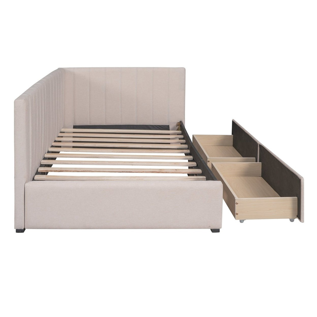 Upholstered Daybed with 2 Storage Drawers Twin Size Sofa Bed Frame No Box Spring Needed, Linen Fabric (Beige) Image 10