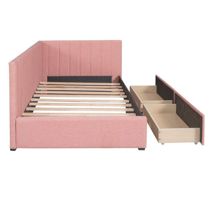 Upholstered Daybed with 2 Storage Drawers Twin Size Sofa Bed Frame No Box Spring Needed, Linen Fabric (Pink) Image 7