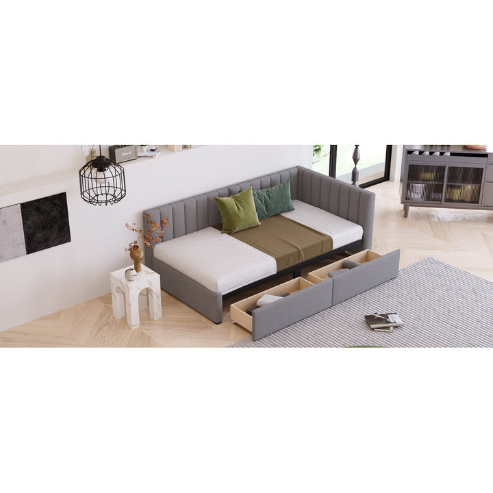 Upholstered Daybed with 2 Storage Drawers Twin Size Sofa Bed Frame No Box Spring Needed, Linen Fabric (Gray) Image 11