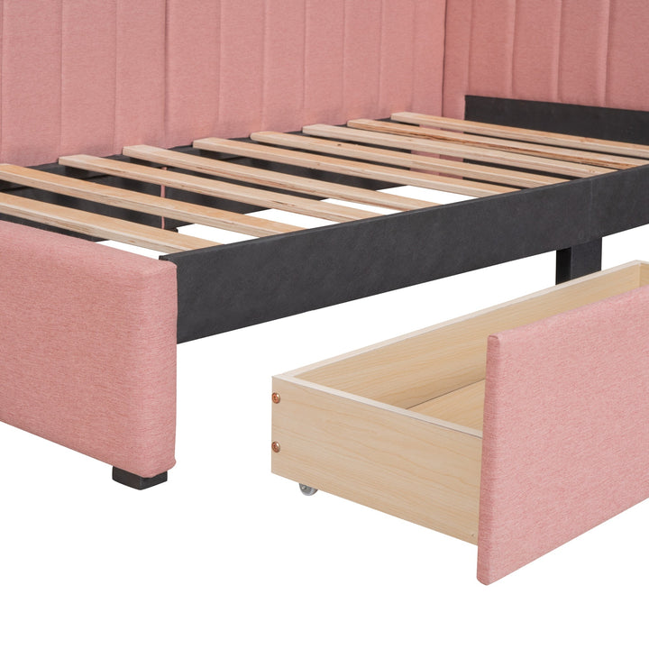 Upholstered Daybed with 2 Storage Drawers Twin Size Sofa Bed Frame No Box Spring Needed, Linen Fabric (Pink) Image 9