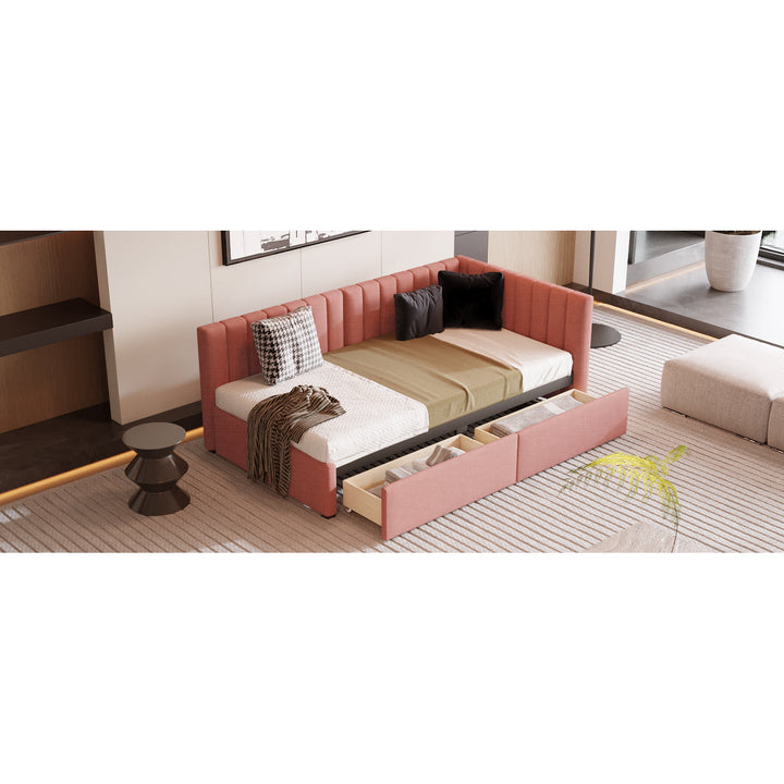 Upholstered Daybed with 2 Storage Drawers Twin Size Sofa Bed Frame No Box Spring Needed, Linen Fabric (Pink) Image 12