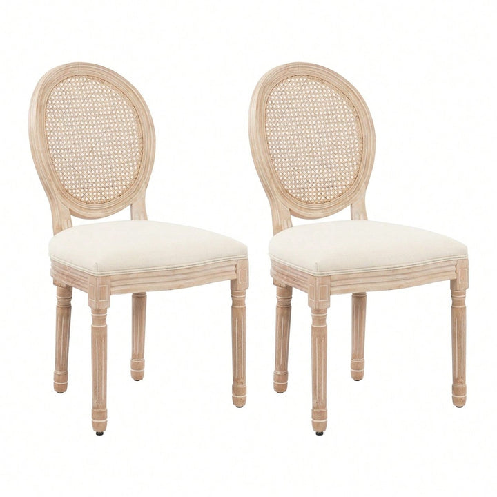 Upholstered Fabrice With Rattan Back French Dining Chair With Rubber Legs, Set Of 2 Image 1