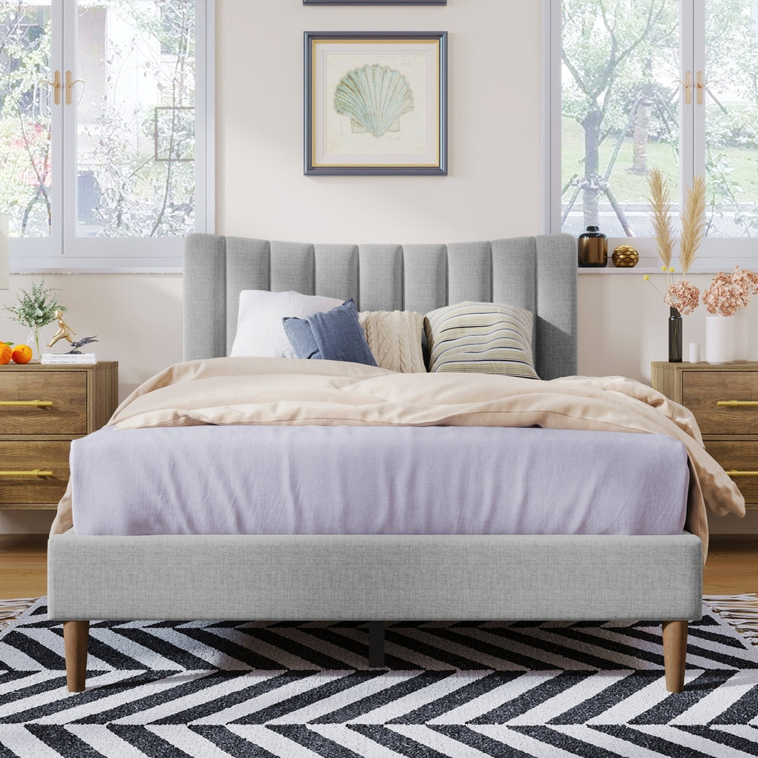 Upholstered Platform Bed Frame with Vertical Channel Tufted Headboard, No Box Spring Needed, Full,Gray Image 1