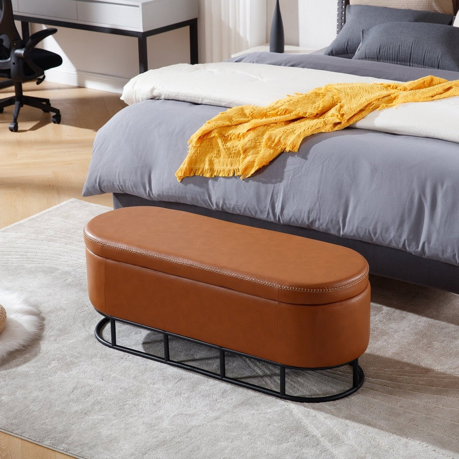 Upholstered Storage Ottoman Bench for Living Room Bedroom Entryway End of Bed with Metal Legs Brown Image 1