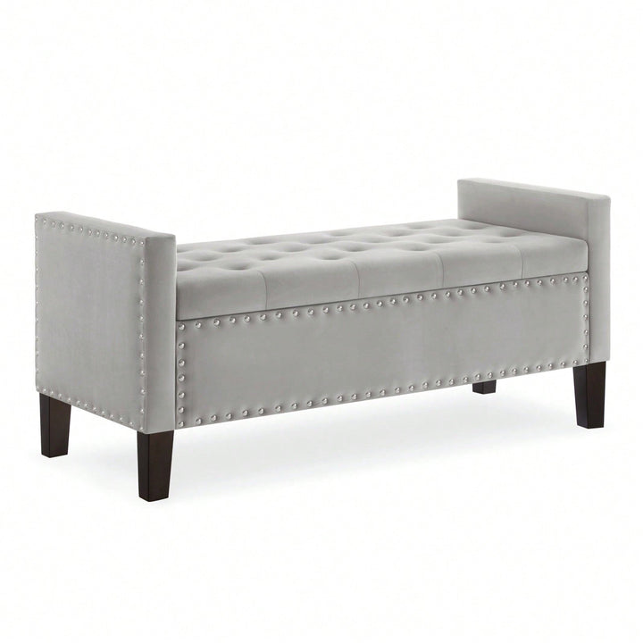 Upholstered Tufted Button Storage Bench With Nail Trim Image 1