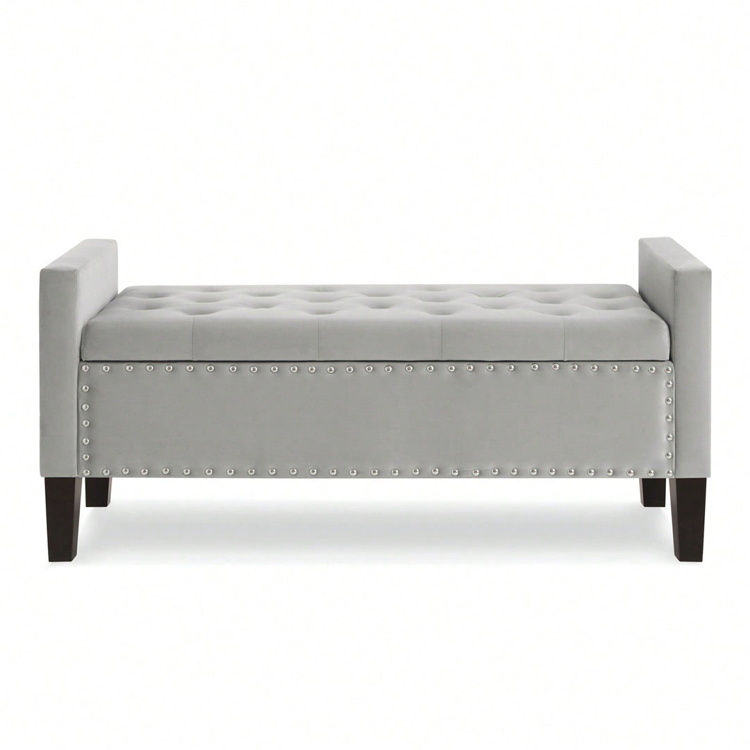 Upholstered Tufted Button Storage Bench With Nail Trim Image 2