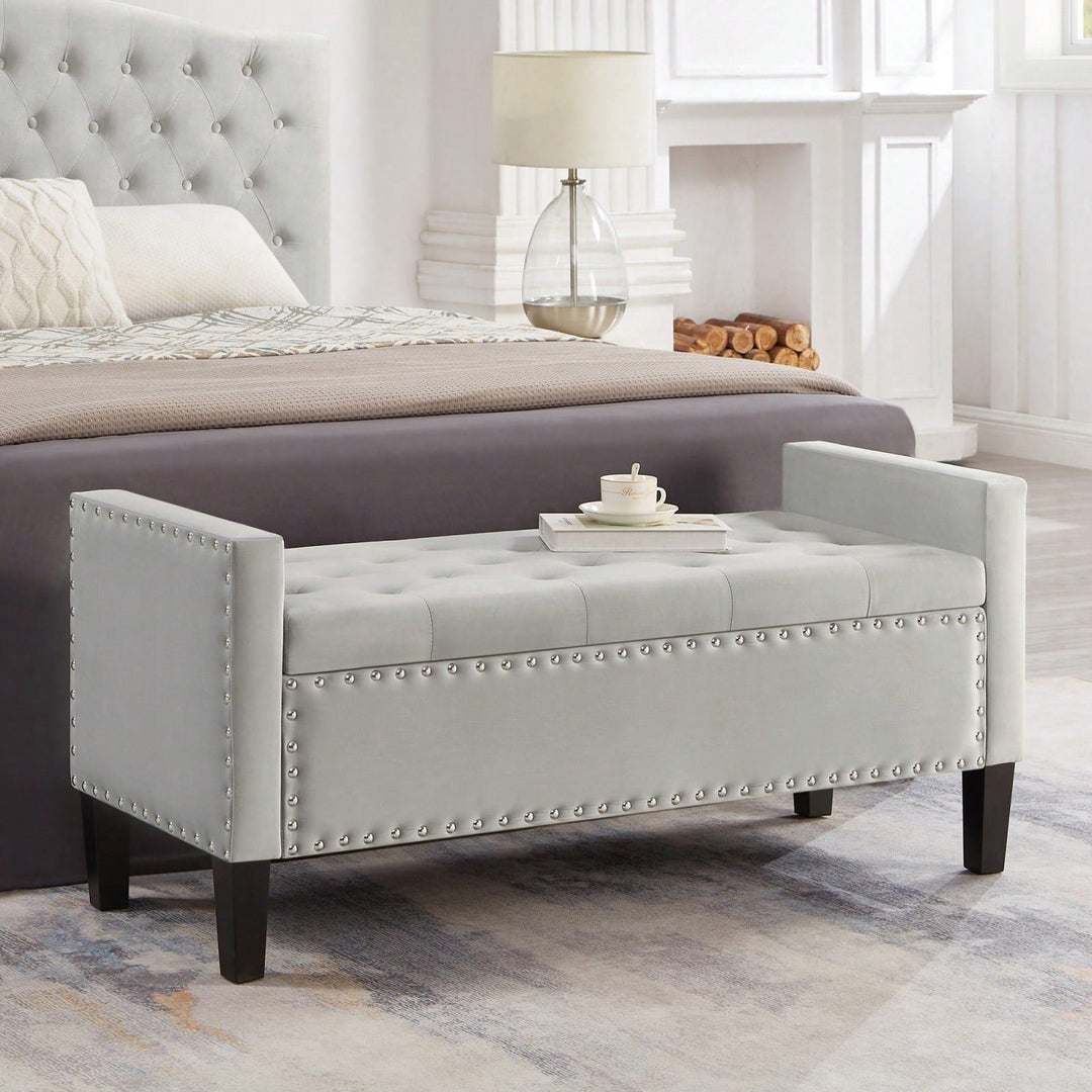 Upholstered Tufted Button Storage Bench With Nail Trim Image 4