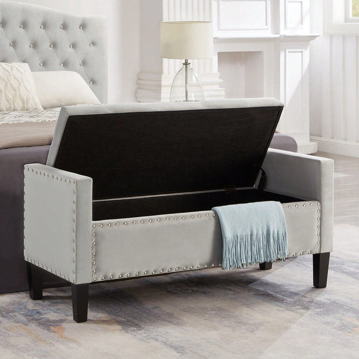 Upholstered Tufted Button Storage Bench With Nail Trim Image 5