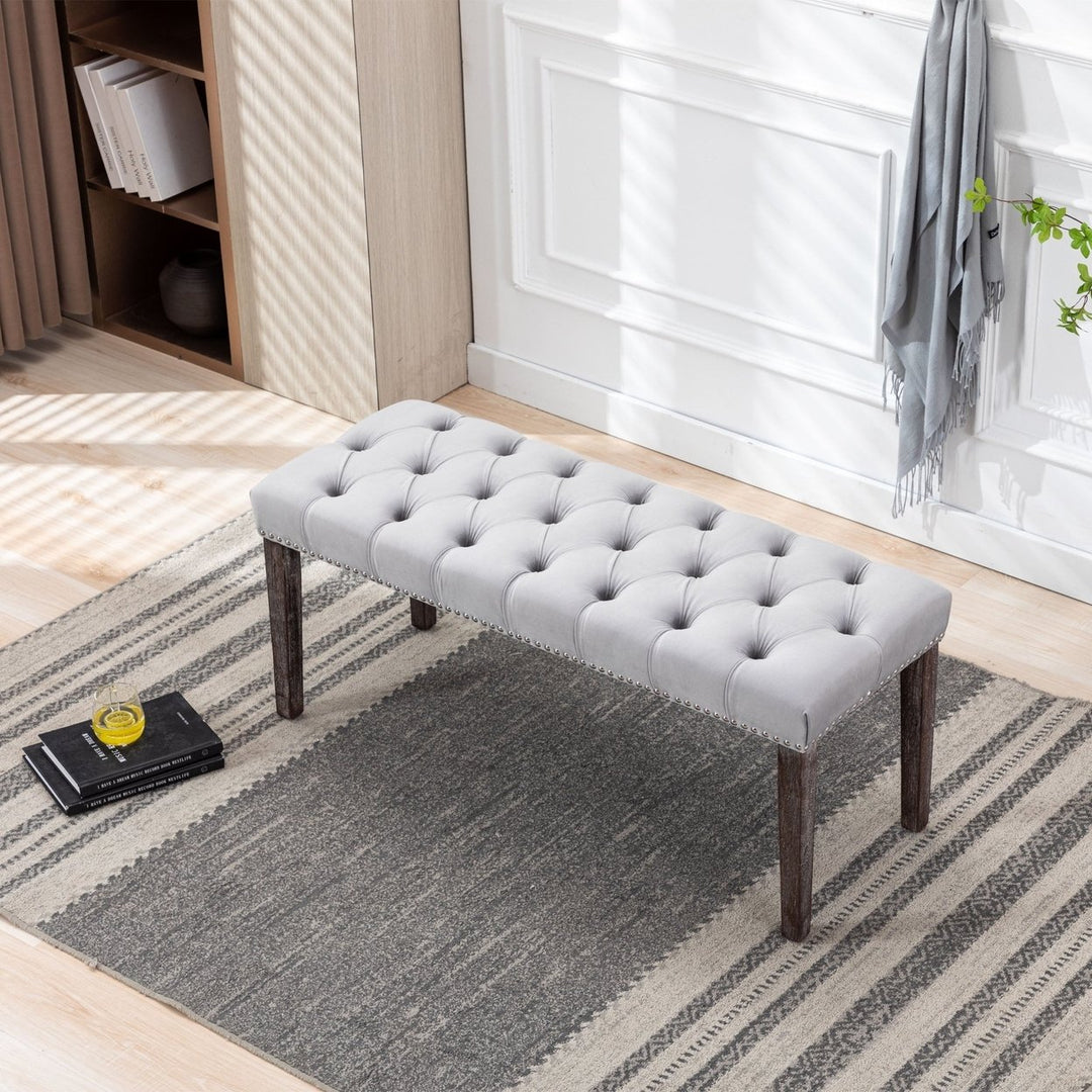 Upholstered Tufted Velvet Bench Ottoman for Dining Room Bedroom Entryway Light Gray Accent Footrest Stool Image 1