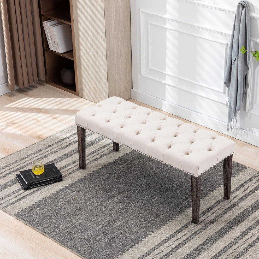 Upholstered Tufted Velvet Bench Ottoman for Dining Room Entryway Living Room Footrest Stool Beige Image 1