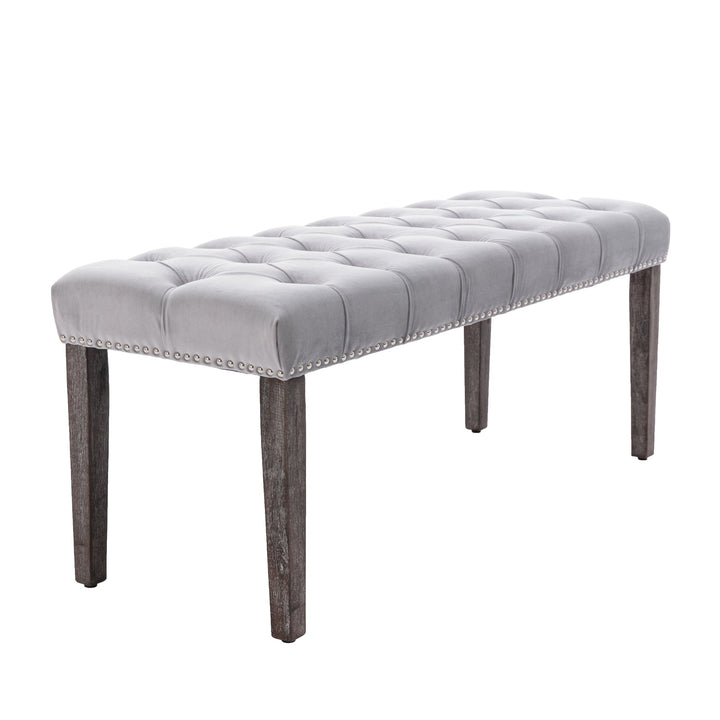 Upholstered Tufted Velvet Bench Ottoman for Dining Room Bedroom Entryway Light Gray Accent Footrest Stool Image 5