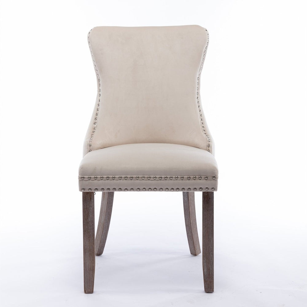 Upholstered Wing-Back Dining Chair Set of 2 with Nailhead Trim, Solid Wood Legs, Beige, Backstitching Detail, KD Design Image 2