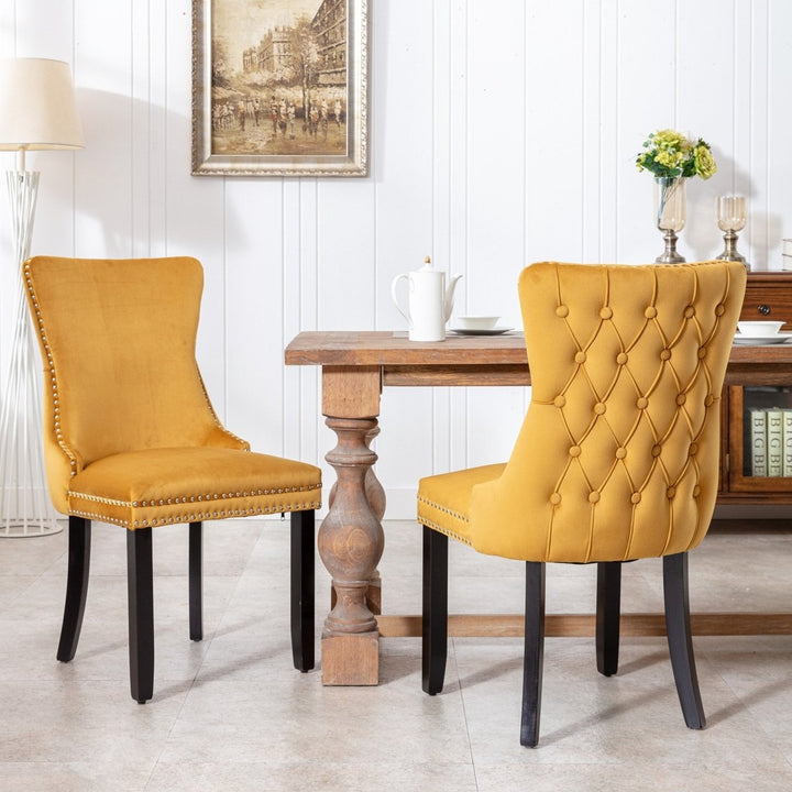 Upholstered Wing-Back Dining Chairs with Nailhead Trim and Solid Wood Legs, Set of 2, Golden Finish Image 1