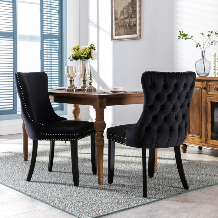 Upholstered Wing-Back Dining Chairs with Nailhead Trim, Set of 2, Solid Wood Legs, Black Image 1