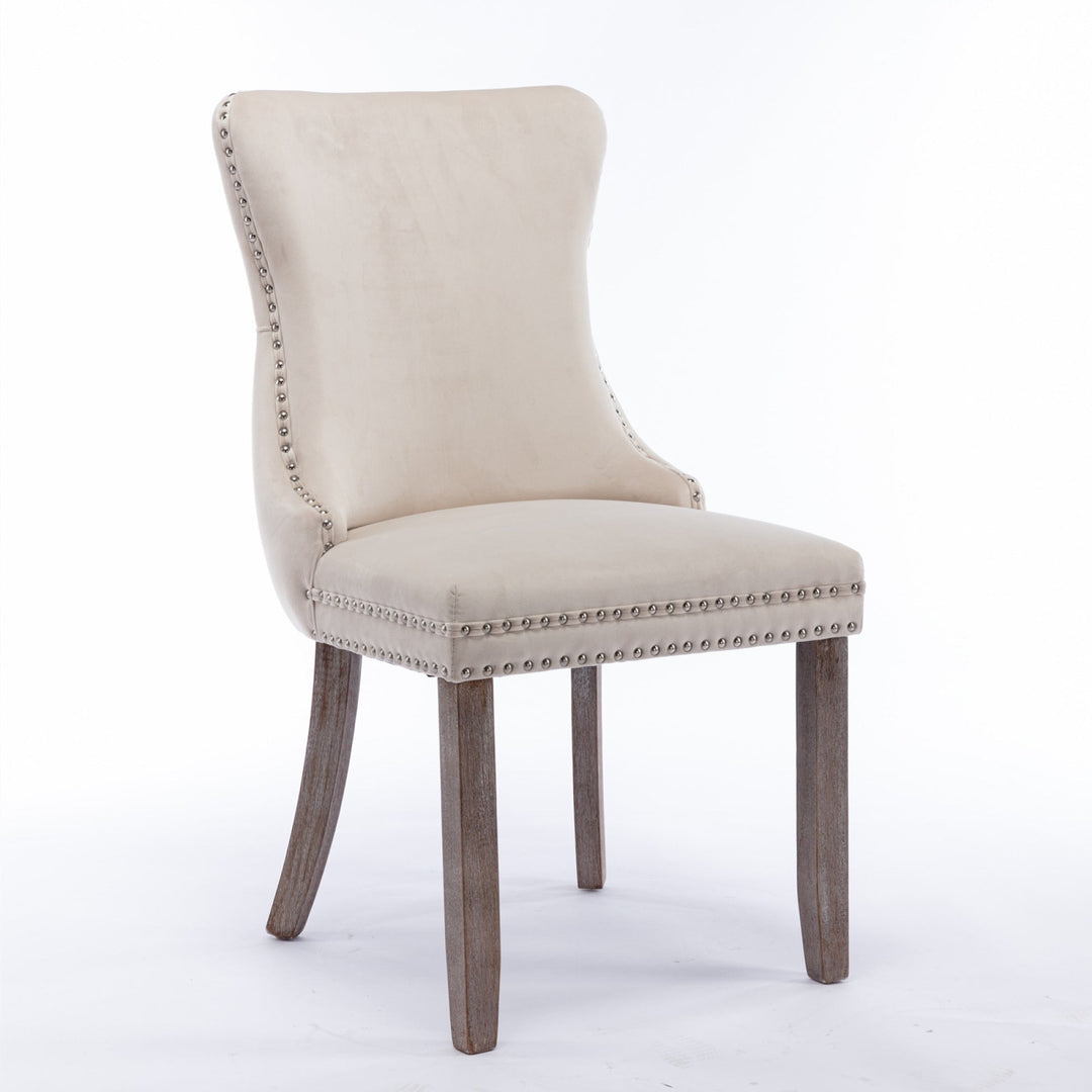 Upholstered Wing-Back Dining Chair Set of 2 with Nailhead Trim, Solid Wood Legs, Beige, Backstitching Detail, KD Design Image 3