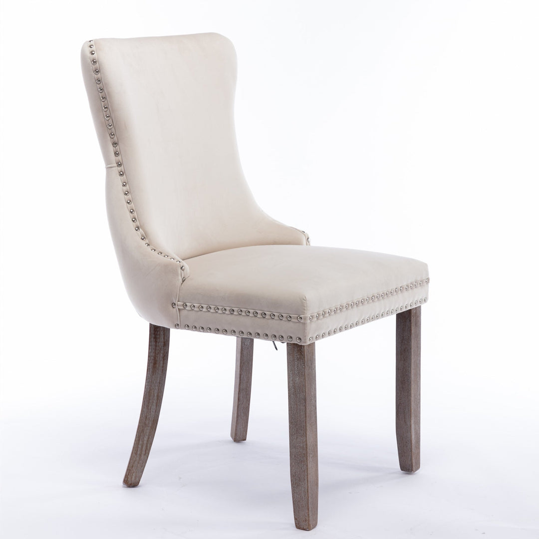 Upholstered Wing-Back Dining Chair Set of 2 with Nailhead Trim, Solid Wood Legs, Beige, Backstitching Detail, KD Design Image 4