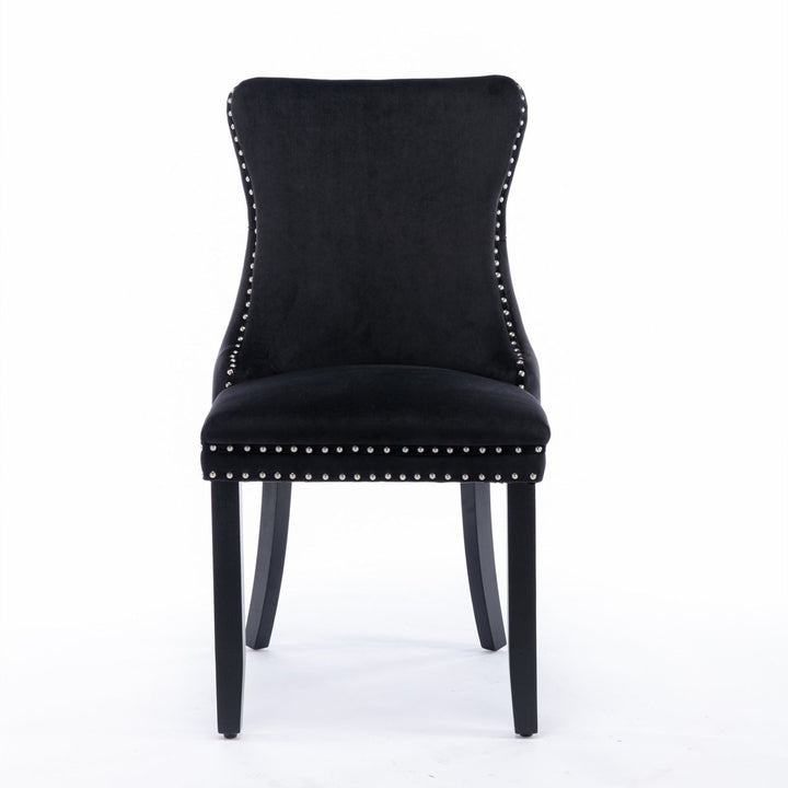 Upholstered Wing-Back Dining Chairs with Nailhead Trim, Set of 2, Solid Wood Legs, Black Image 2