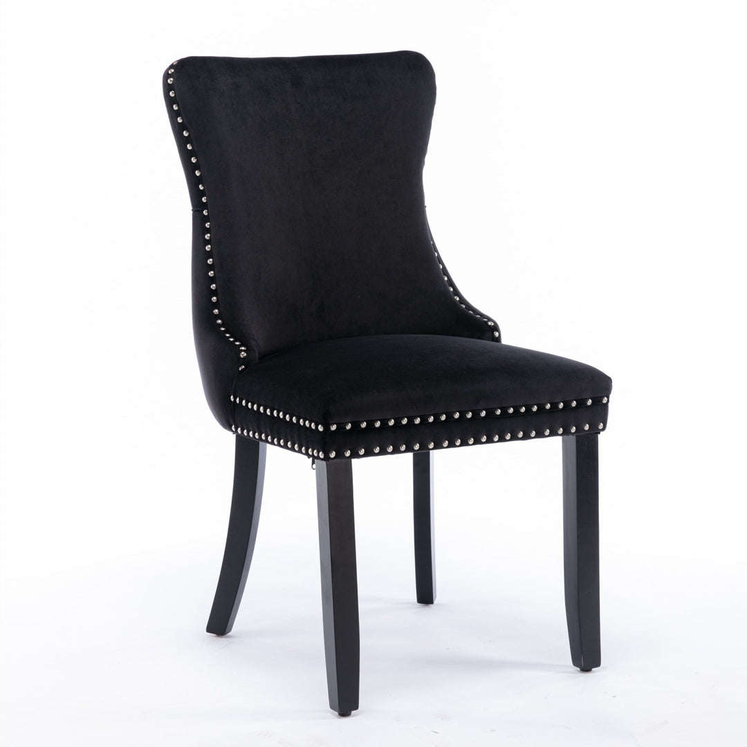 Upholstered Wing-Back Dining Chairs with Nailhead Trim, Set of 2, Solid Wood Legs, Black Image 3