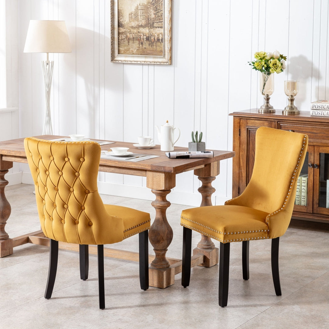 Upholstered Wing-Back Dining Chairs with Nailhead Trim and Solid Wood Legs, Set of 2, Golden Finish Image 10