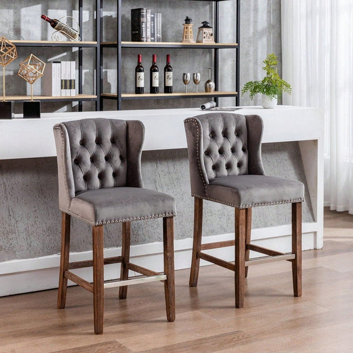 Upholstered Wingback Counter Height Bar Stools 27 Inch with Nailhead Trim and Tufted Back Set of 2 Image 1