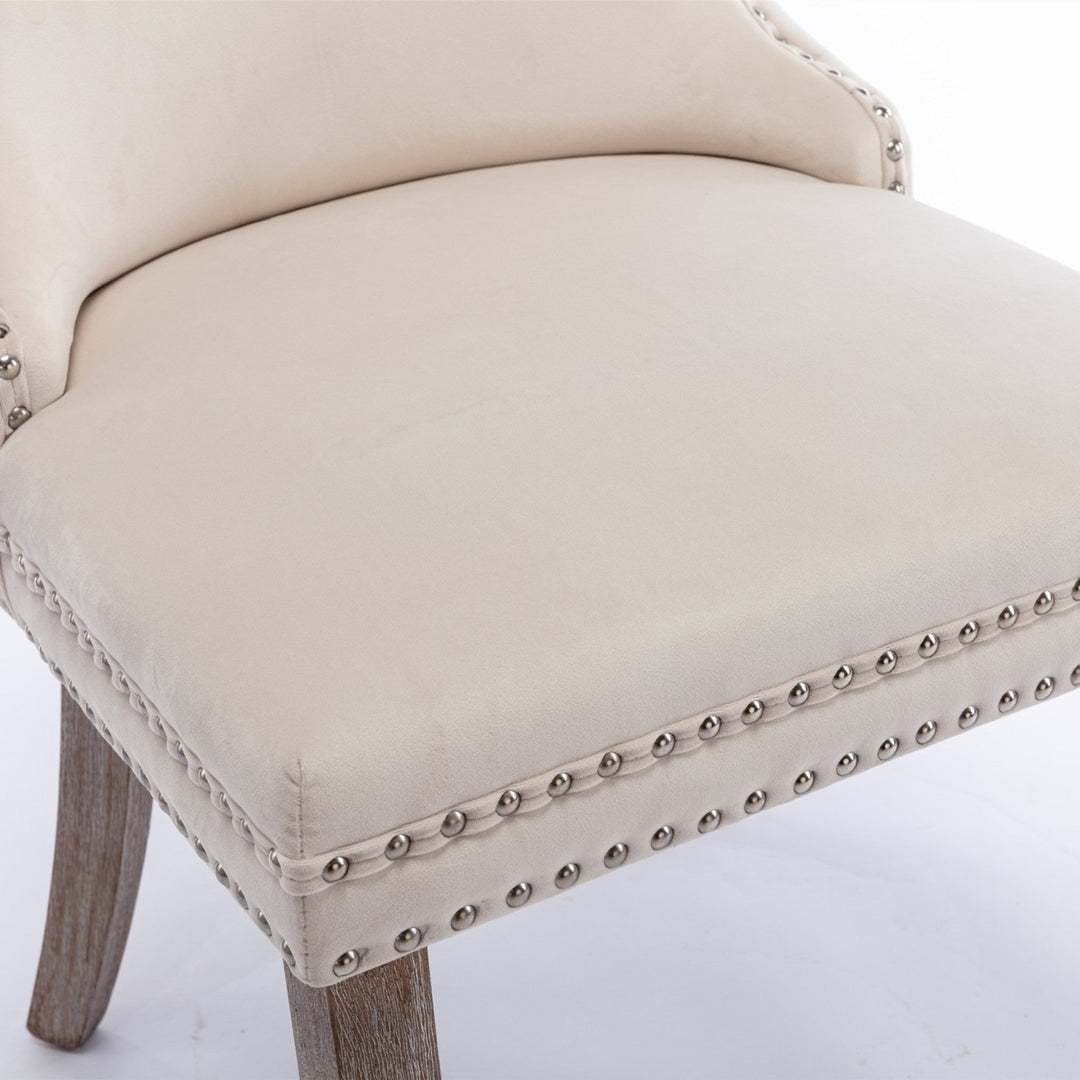 Upholstered Wing-Back Dining Chair Set of 2 with Nailhead Trim, Solid Wood Legs, Beige, Backstitching Detail, KD Design Image 11