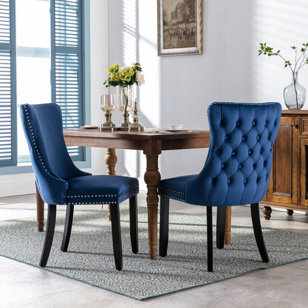 Upholstered Wingback Dining Chair Set of 2, Blue with Backstitching and Nailhead Trim, Solid Wood Legs, Stylish Home Image 1