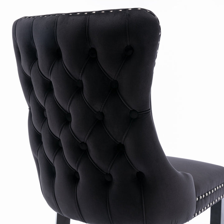 Upholstered Wing-Back Dining Chairs with Nailhead Trim, Set of 2, Solid Wood Legs, Black Image 9