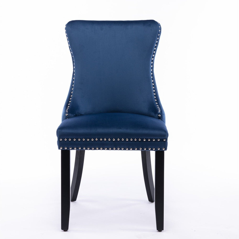 Upholstered Wingback Dining Chair Set of 2, Blue with Backstitching and Nailhead Trim, Solid Wood Legs, Stylish Home Image 2