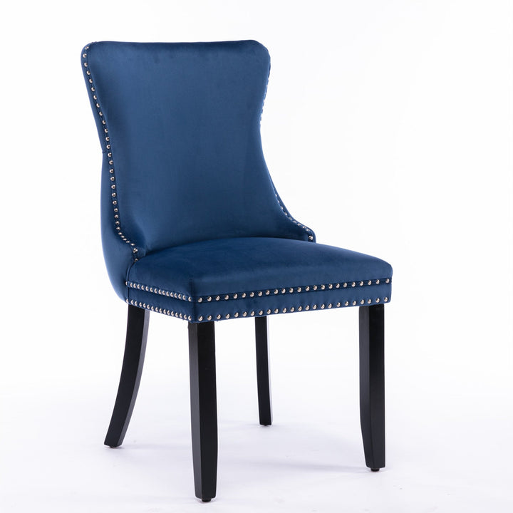 Upholstered Wingback Dining Chair Set of 2, Blue with Backstitching and Nailhead Trim, Solid Wood Legs, Stylish Home Image 3