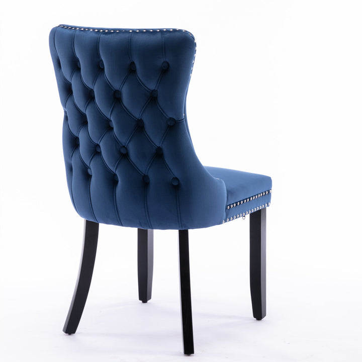 Upholstered Wingback Dining Chair Set of 2, Blue with Backstitching and Nailhead Trim, Solid Wood Legs, Stylish Home Image 6