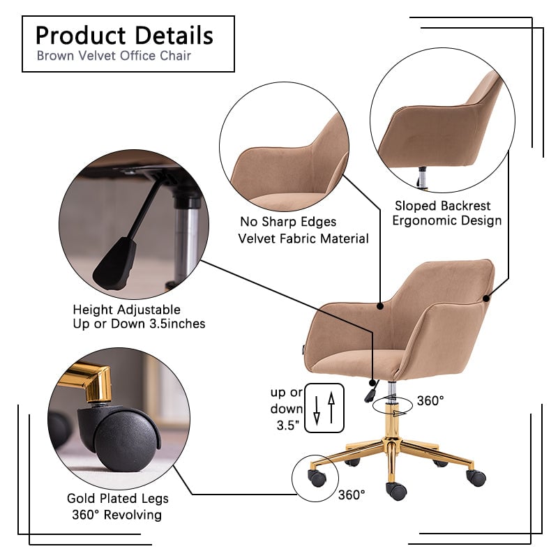 Velvet Fabric Adjustable Height Revolving Home Office Chair with Gold Metal Legs and Universal Wheels for Indoor, Light Image 11