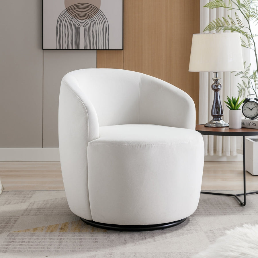 Velvet Fabric Swivel Accent Armchair Barrel Chair with Black Metal Ring Base White Image 1