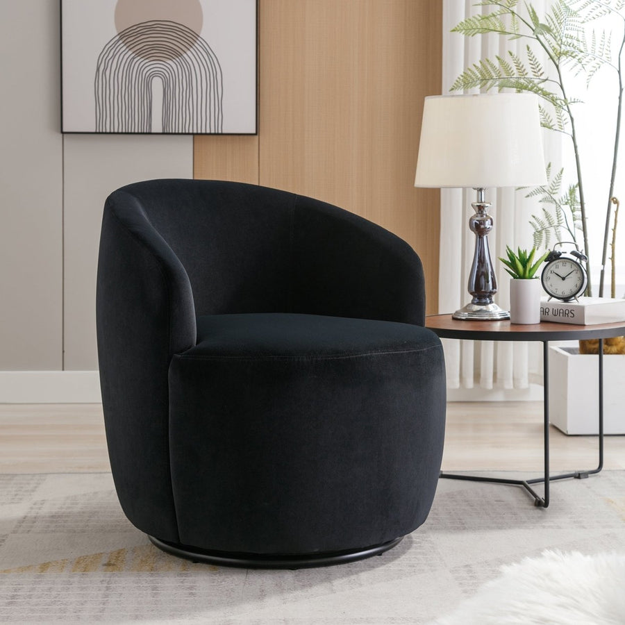 Velvet Fabric Swivel Accent Armchair Barrel Chair With Black Powder Coating Metal Ring,Black Image 1