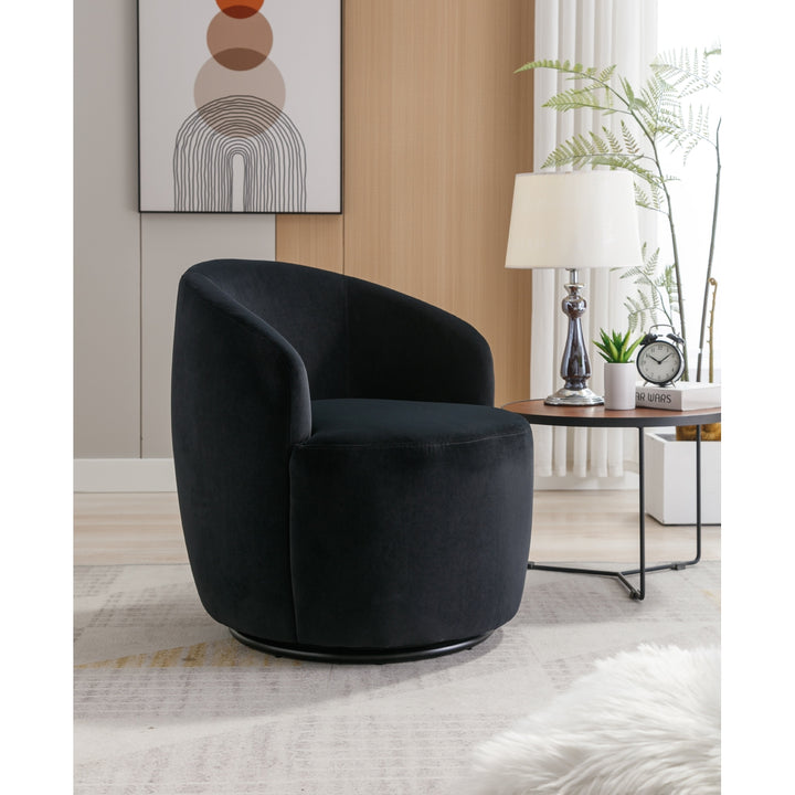 Velvet Fabric Swivel Accent Armchair Barrel Chair With Black Powder Coating Metal Ring,Black Image 3