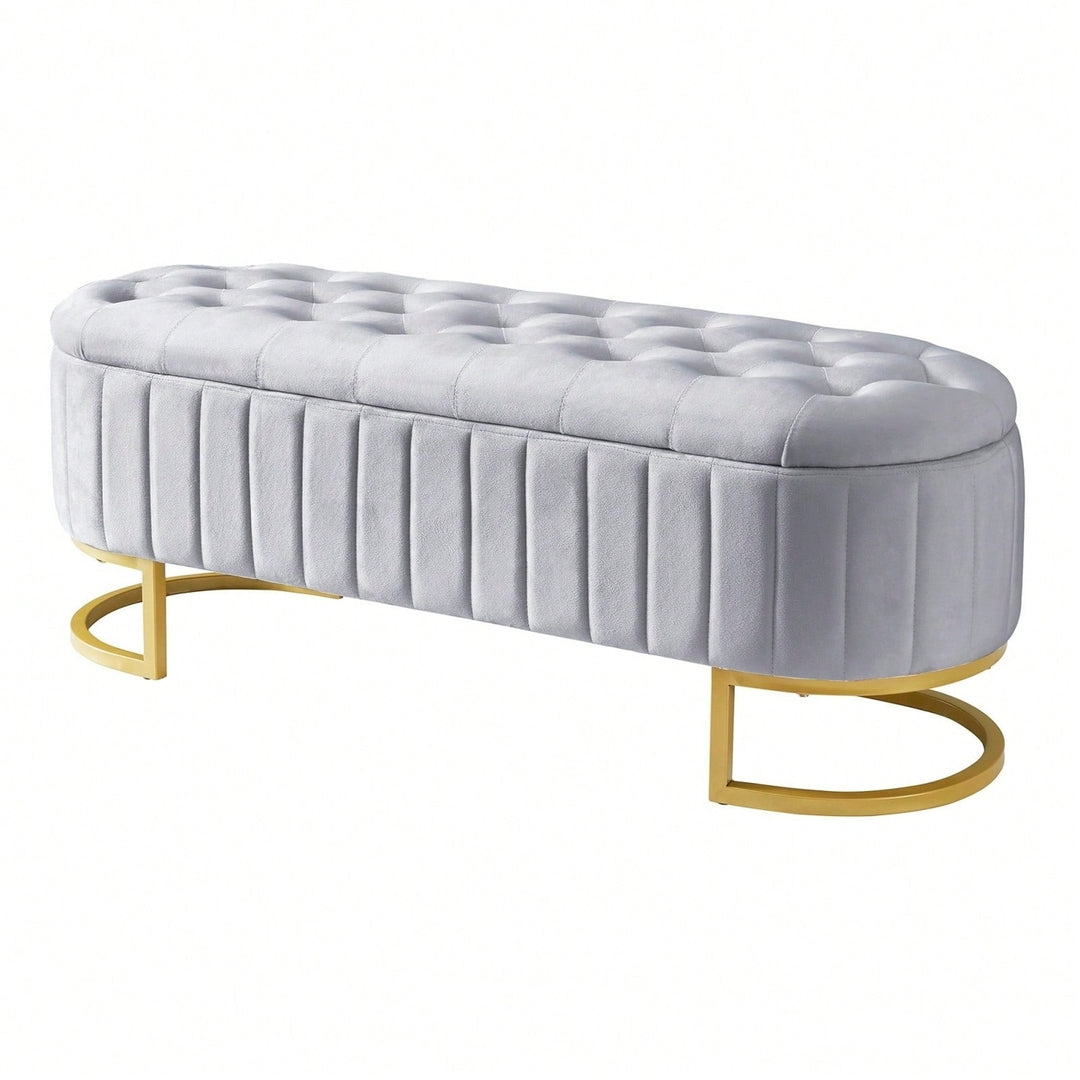 Velvet Tufted Storage Ottoman Bench with Metal Legs for Living Room Bedroom Entryway Grey Fully Assembled Image 1