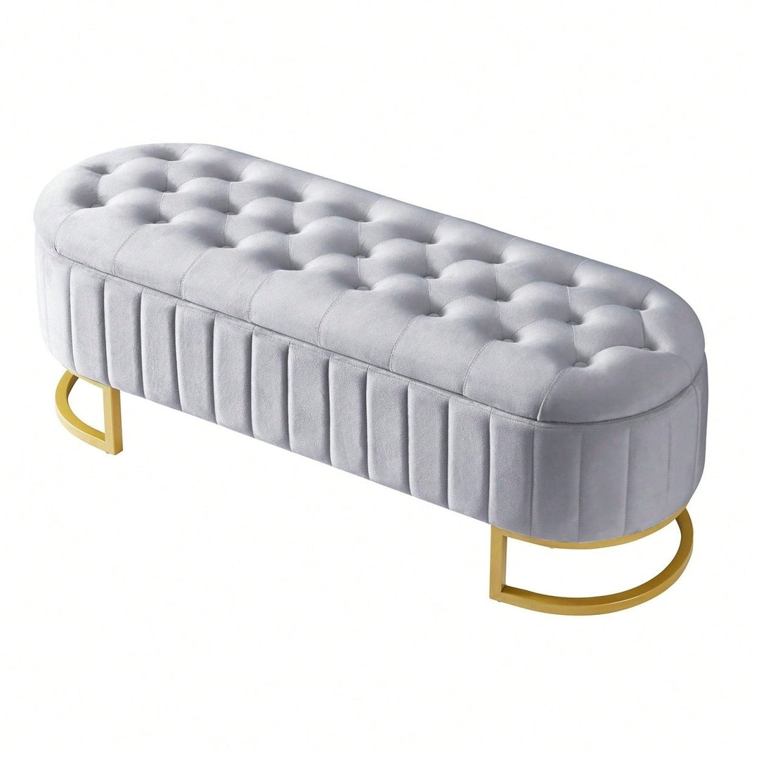 Velvet Tufted Storage Ottoman Bench with Metal Legs for Living Room Bedroom Entryway Grey Fully Assembled Image 2