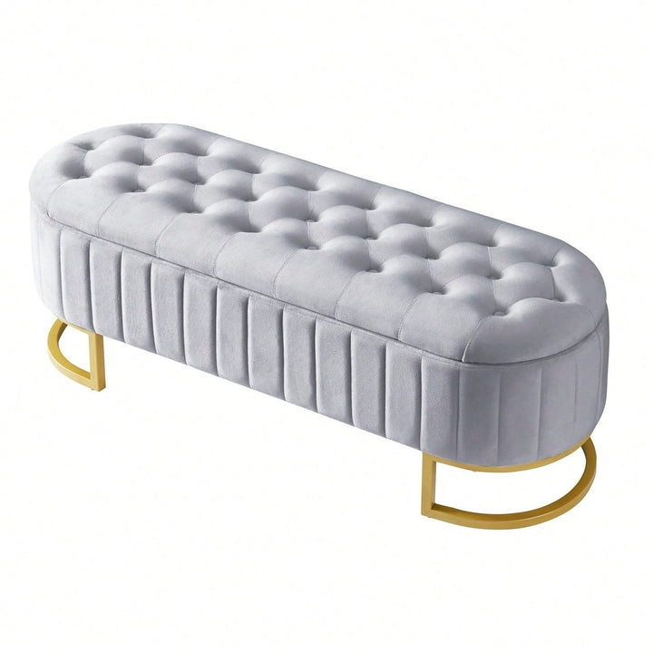 Velvet Tufted Storage Ottoman Bench with Metal Legs for Living Room Bedroom Entryway Grey Fully Assembled Image 2