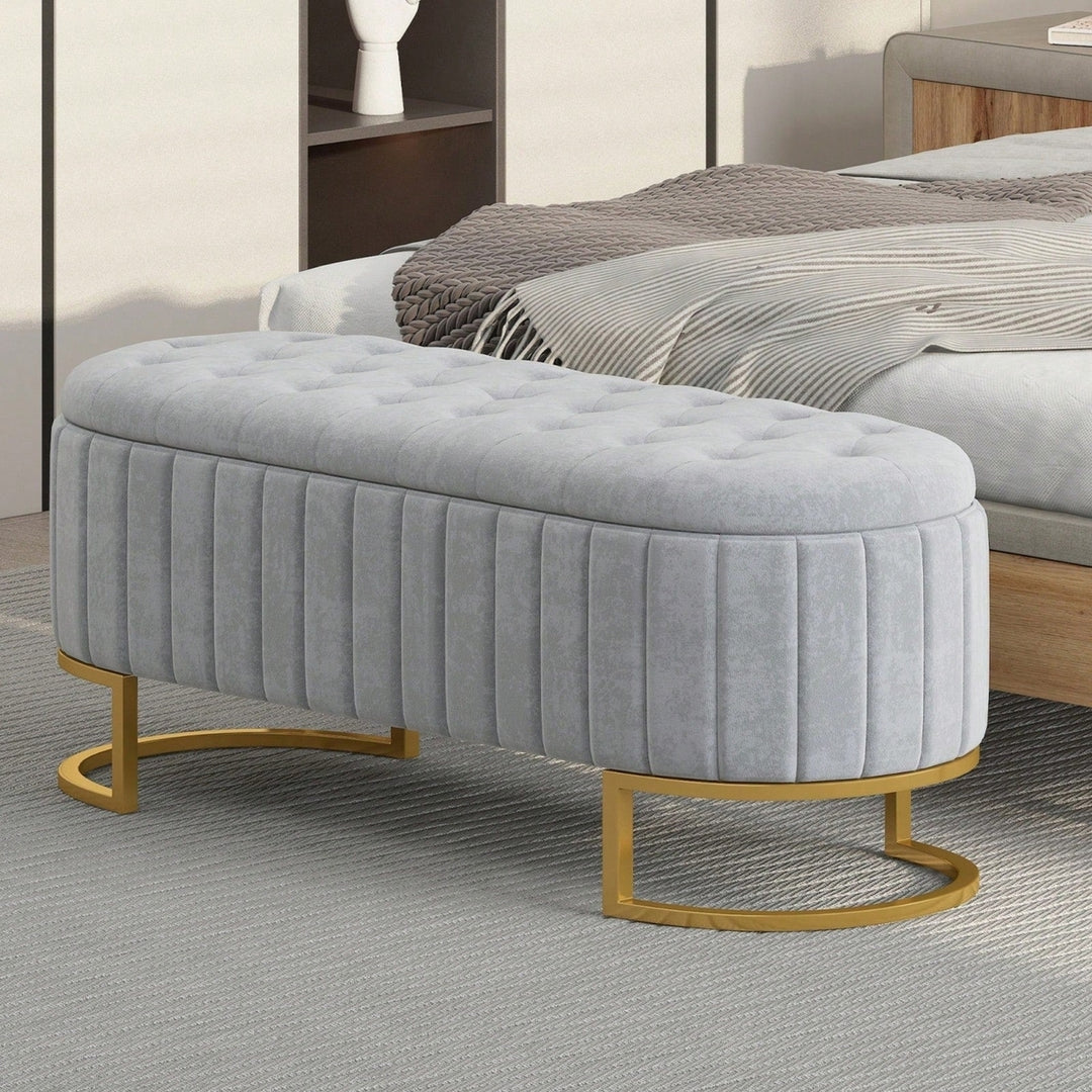 Velvet Tufted Storage Ottoman Bench with Metal Legs for Living Room Bedroom Entryway Grey Fully Assembled Image 5