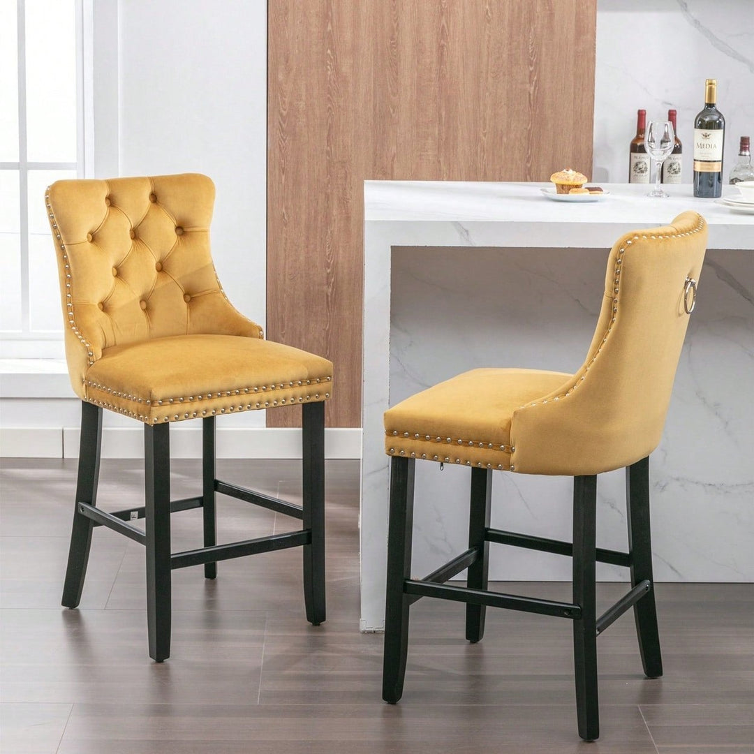 Velvet Upholstered Barstools Set of 2 with Button Tufting Wooden Legs and Chrome Nailhead Trim Image 1