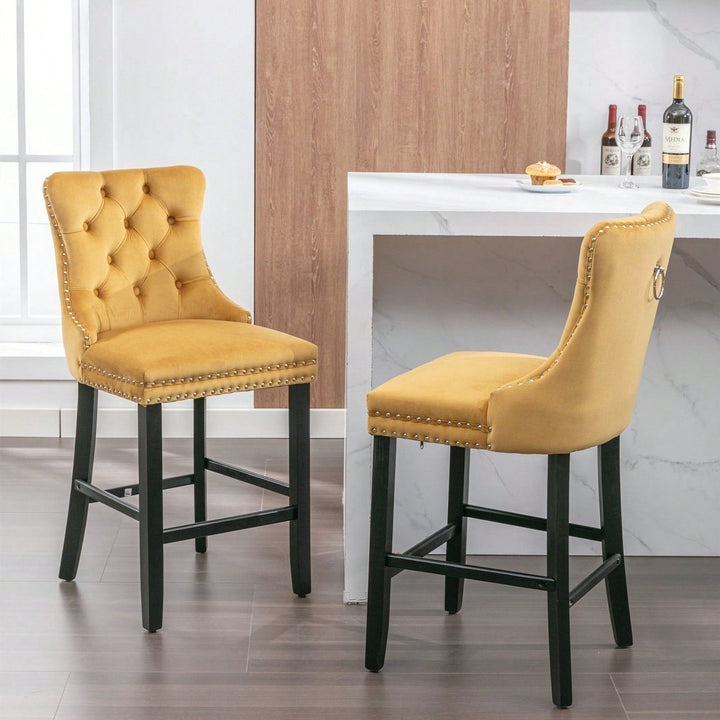 Velvet Upholstered Barstools Set of 2 with Button Tufting Wooden Legs and Chrome Nailhead Trim Image 1