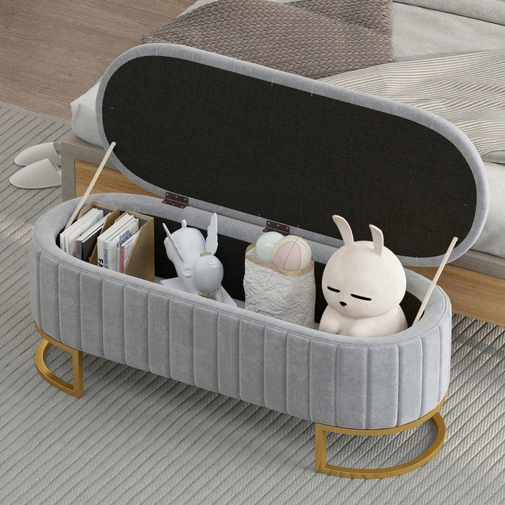 Velvet Tufted Storage Ottoman Bench with Metal Legs for Living Room Bedroom Entryway Grey Fully Assembled Image 6