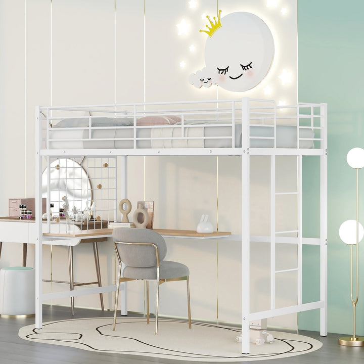 Twin Metal Loft Bed with Desk and Metal Grid - Space-Saving White Bedroom Furniture for Kids and Teens Image 1