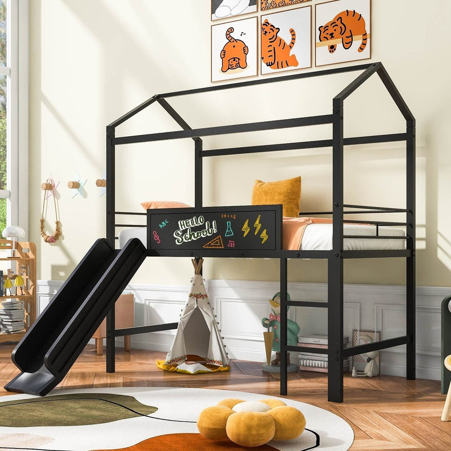 Twin Size Metal Loft Bed With Slide And Double-Sided Writable Wooden Board In White Image 1