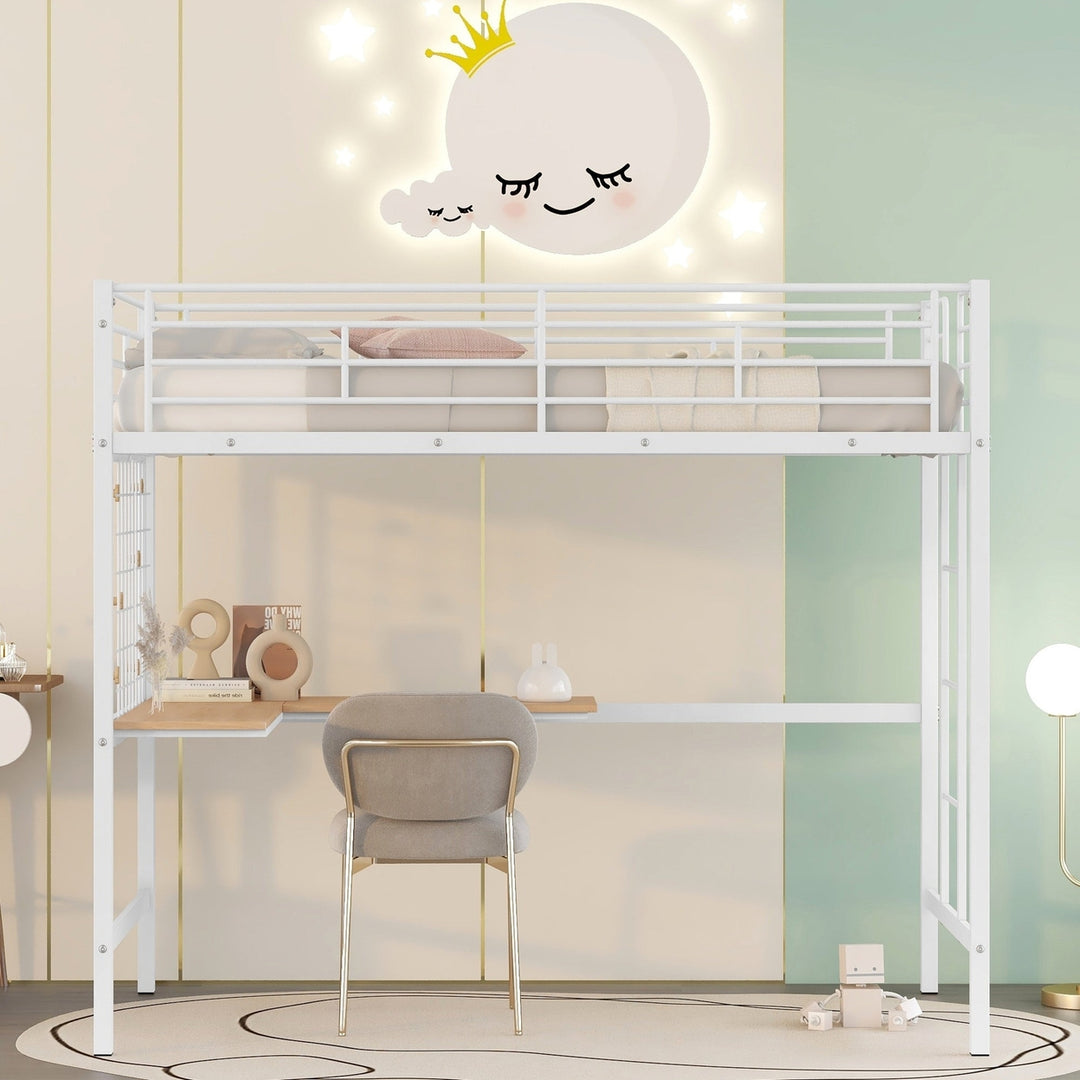 Twin Metal Loft Bed with Desk and Metal Grid - Space-Saving White Bedroom Furniture for Kids and Teens Image 2