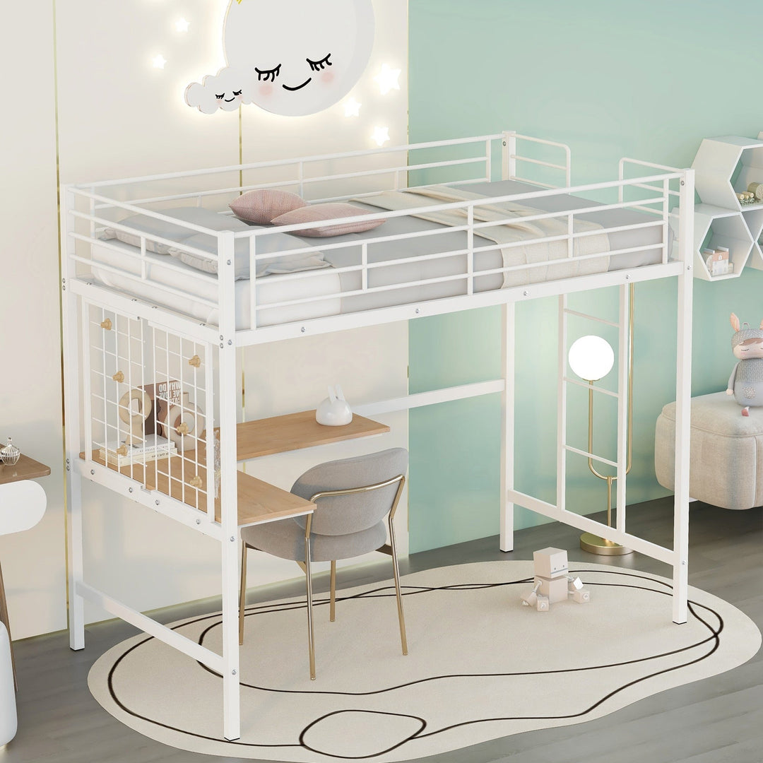 Twin Metal Loft Bed with Desk and Metal Grid - Space-Saving White Bedroom Furniture for Kids and Teens Image 3