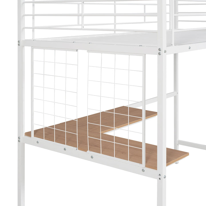 Twin Metal Loft Bed with Desk and Metal Grid - Space-Saving White Bedroom Furniture for Kids and Teens Image 4