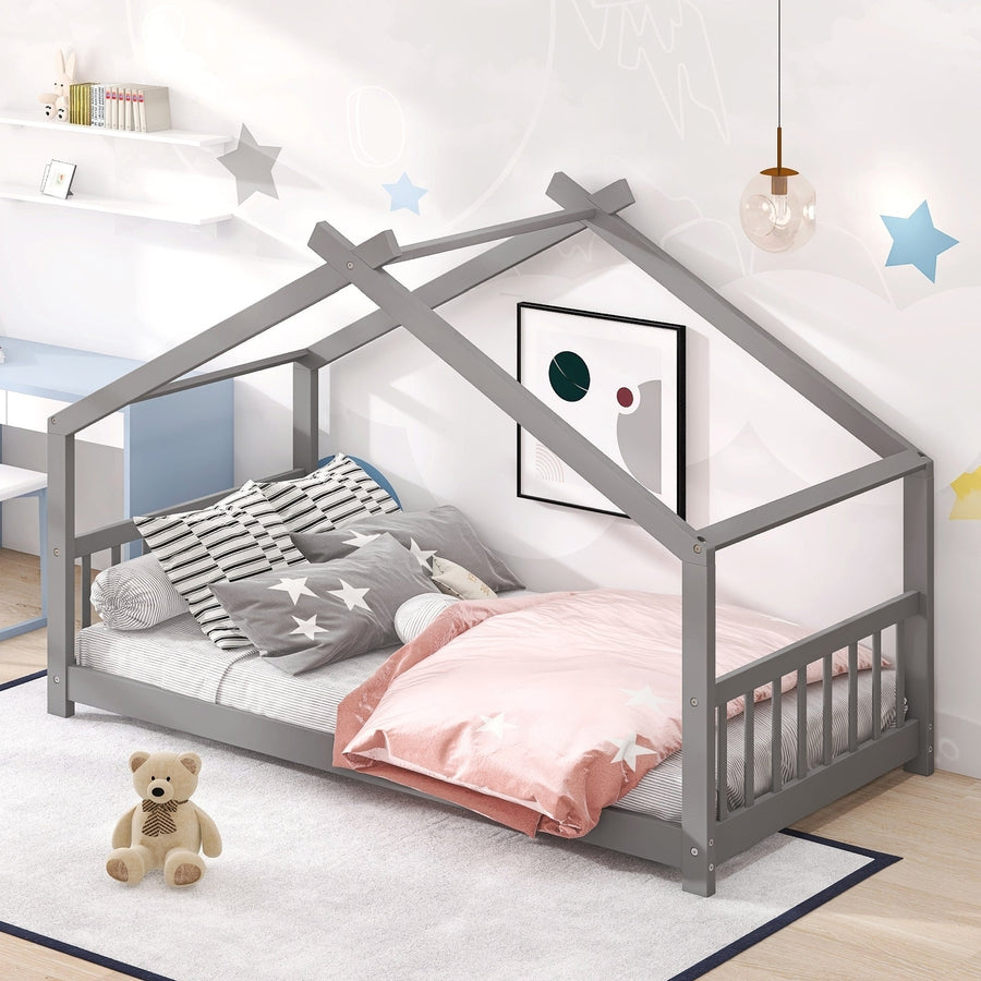 Twin Size House Bed Frame, Wooden Kids Bed, Gray Finish, Stylish Safe Design for Boys and Girls, Fun Playful Bedroom Image 1