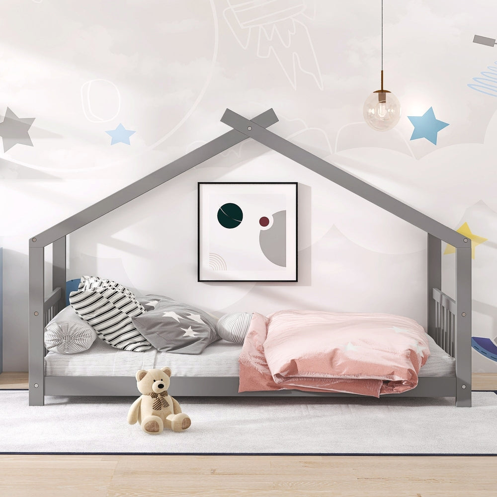 Twin Size House Bed Frame, Wooden Kids Bed, Gray Finish, Stylish Safe Design for Boys and Girls, Fun Playful Bedroom Image 2